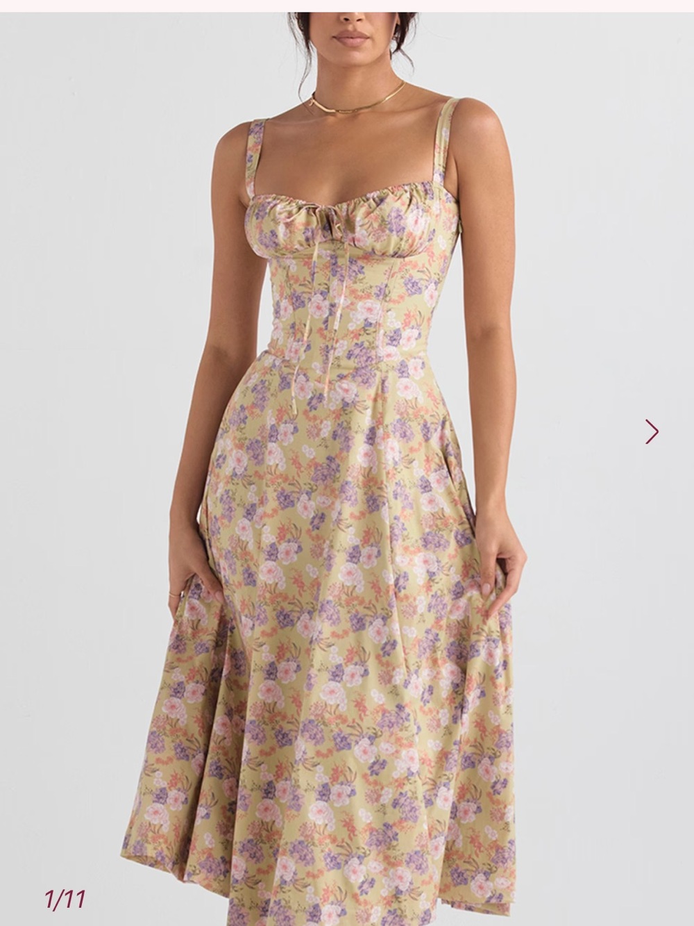 House of CB Yellow Floral Midi Dress with Lilac and Pink Bouquet